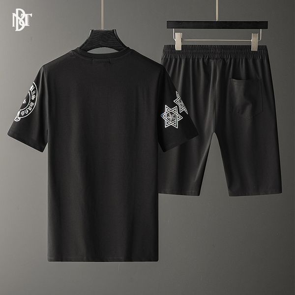 

crosin fashion brand t-shirt suit light luxury personality leisure men's slim round neck cross drill short, Gray