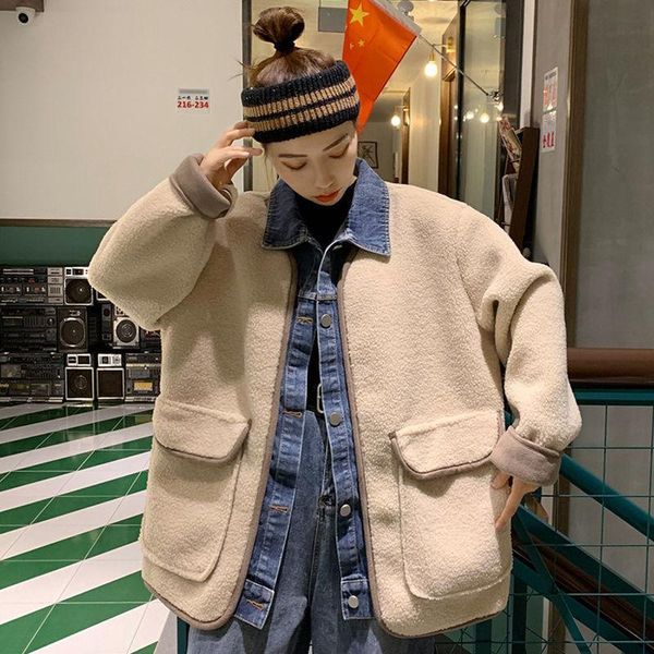 

autumn and winter 2021 fake two piece denim splicing lamb wool jacket women's korean loose versatile fashion trend jackets, Black;brown