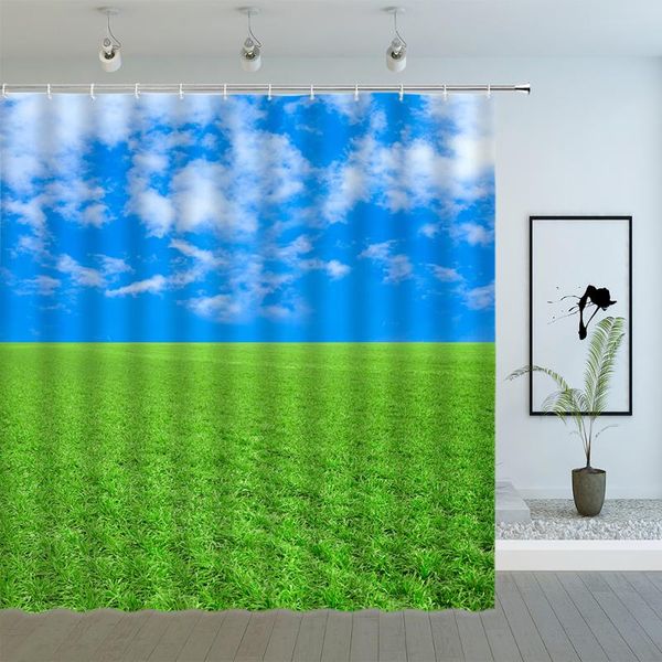 

shower curtains green meadow landscape natural scenery plant blue sky view bathroom decor fabric hanging curtain set