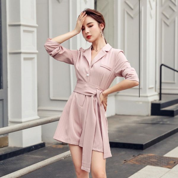 

fashion office chic ol elegant stripe jumpsuits women autumn slim rompers belted waist office wear playsuits 210514, Black;white