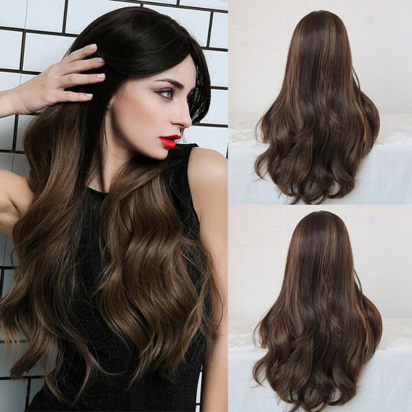 

synthetic wigs wadoi long dark brown body wave middle part hair wavy wig for black women cosplay natural heat resistant