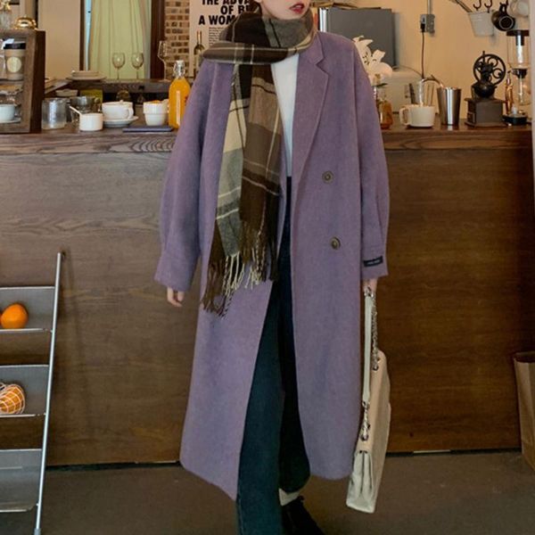 

women's wool & blends women purple woolen coat jacket autumn winter loose long coats korean japanese fashion warm lapel sleeve overcoat, Black