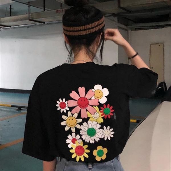 

summer print loose short sleeve women t shirt punk black clothes harajuku flower vintage gothic dropshipping kpop, White