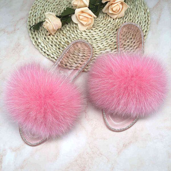 

slippers summer jelly shoes plush fur women real fox slides outdoor flat sandals big size for flip flops 220308, Black