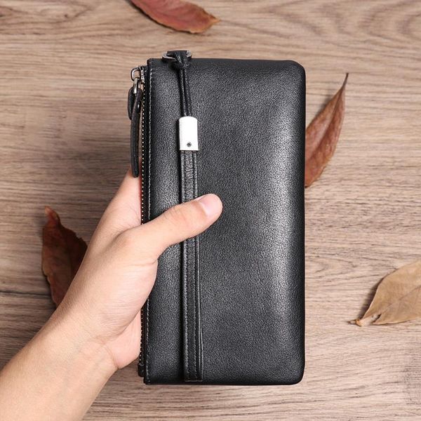 

casual men long wallet genuine leather male phone clutch bag holder small coin purse mini for man wallets, Red;black
