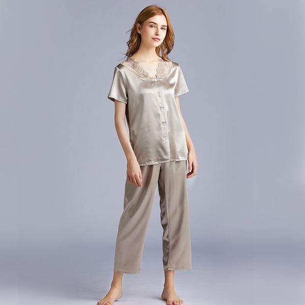 

version pajamas women's summer silk ice silk short sleeve pants two piece home suit 1389, Black;red