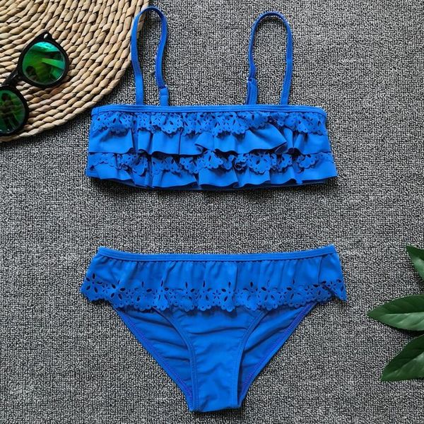 

5-14y girl swimwear kids two piece children hollow out teenage bikini set falbala big bathing suit beachwear one-piece suits