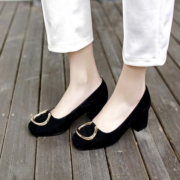

dress shoes plus size ladies high heels women woman pumps square-headed metal decorated rough-heeled single, Black