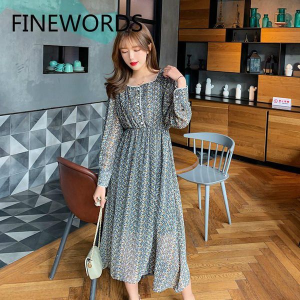 

casual dresses fiords women chiffon dress 2021 summer female elegant vintage printed floral long sleeve loose a-line boho, Black;gray