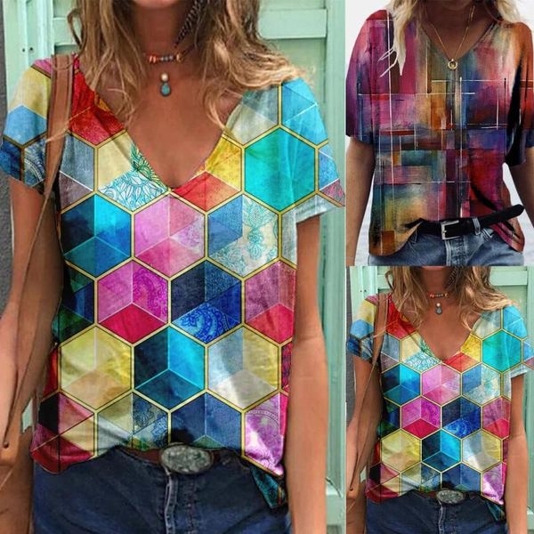 

women's t-shirt 40# colorful print t shirt women v-neck short sleeve summer woman casual loose tee tshirts poleras mujer, White