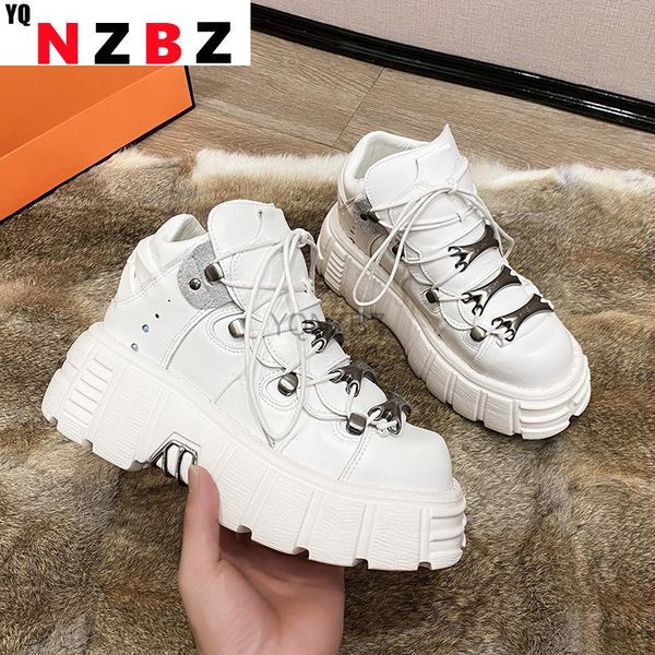 

boots 2021 punk style women sneakers lace-up 6cm platform shoes woman creepers female casual flats metal decor tenis feminino, Black