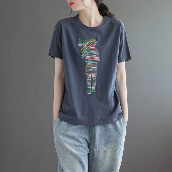 

t-shirt personalized embroidery round neck short sleeve t-shirt women's summer new cotton large loose solid color casual fashion, White