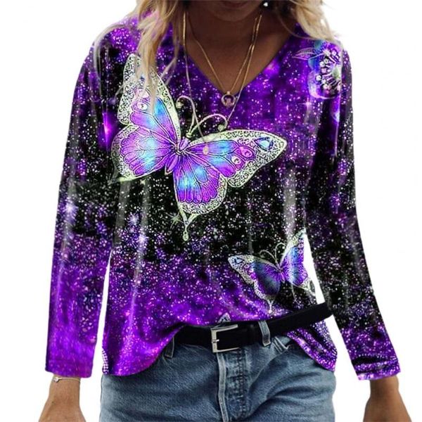 

women's blouses & shirts fashion women blouse butterflies print casual fluorescent color v neck long sleeve autumn streetwear for outdo, White
