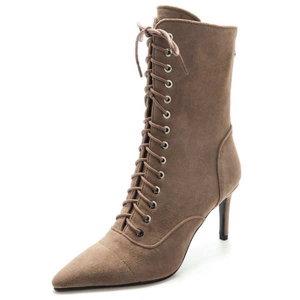 

asumer arriveds thin ladies in high heels shoes party leather pointed cross tied boots to woman, Black