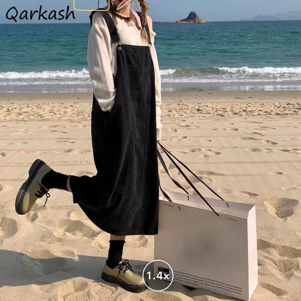 

casual dresses front pocket sleeveless denim dress women solid black simple boyfriends baggy mid-calf split retro a-line leisure all match i, Black;gray
