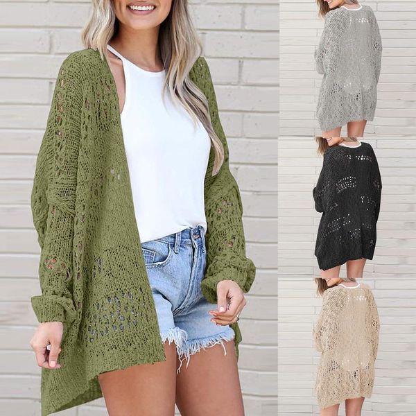

women's knits & tees casual women knitted cardigan sweater 2021 autumn winter solid color loose long sleeve oversize crochet knit coat, White