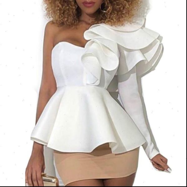 

women shirt fashion slash neck ruffled shirts 3d lotus irregular blouses long sleeved spring summer off shoulder blusas, White