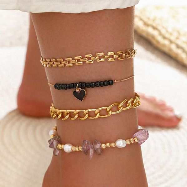 

anklets diezi multilayer natural purple stone chain women vintage bohemian boho leg ankle black heart anklet bracelet, Red;blue