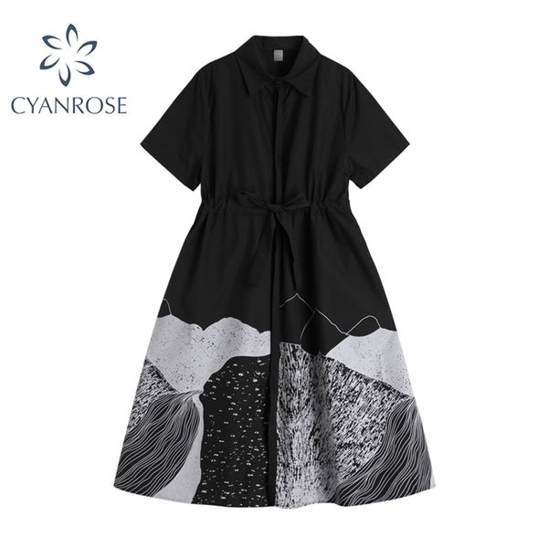 

fashion irregular loose shirt dress women short sleeve summer high waist vintage robe print black long female 210515, Black;gray