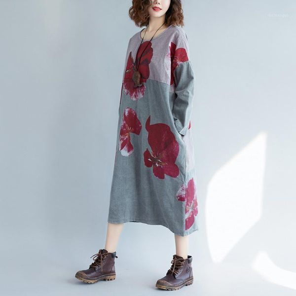 

casual dresses cotton and linen elegant women personality patchwork sweet print loose long plus size robe streetwear, Black;gray