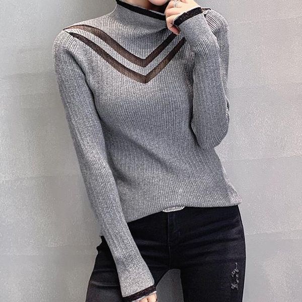 

women's sweaters winter hollow out net yarn splicing knit female half bright silk turtle neck render unlined upper garment sweater, White;black