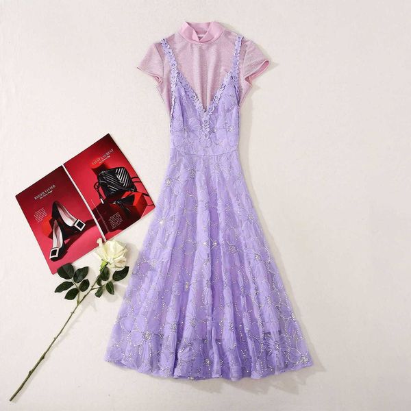 

casual dresses designer clothing sets female fashion lurex mesh pullovers + dress purple lace suit set two pieces uvky, Black;gray