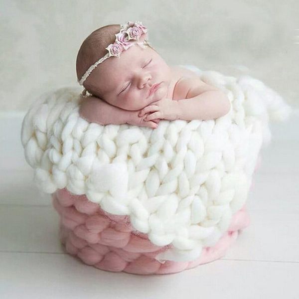 

blankets & swaddling hand knitted wool crochet baby blanket pography props chunky knit solid bed basket stroller high quality