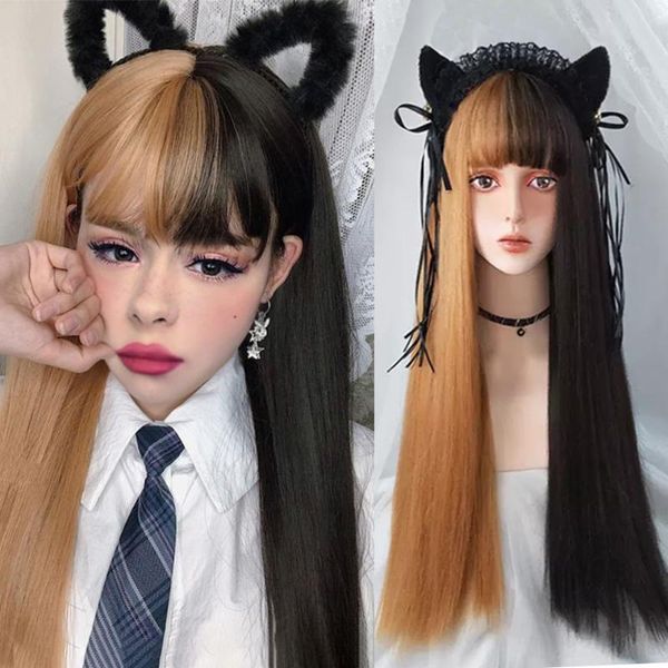 

synthetic wigs ailiade long straight wig with bangs black yellow white red heat resistant two-color lolita cosplay for women