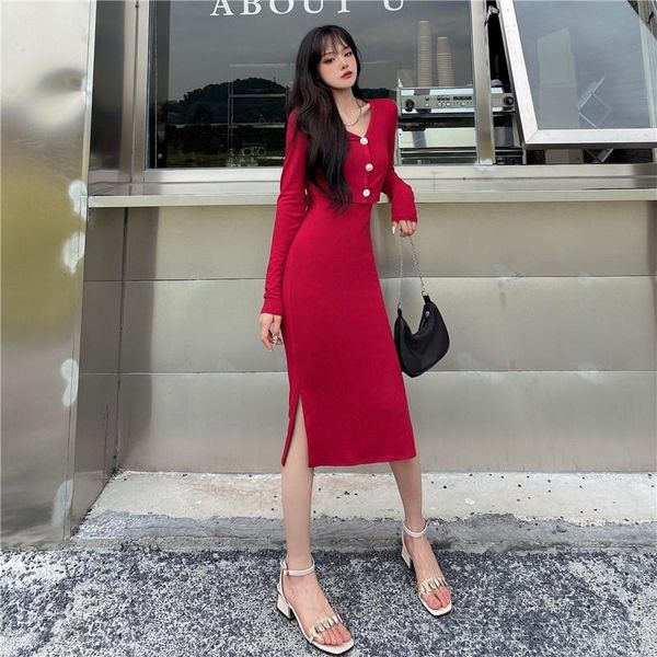 

make socialite condole split skirt pearl clasp cardigan coat two-piece outfit women's tracksuits, Gray