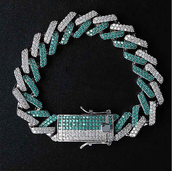 

15mm iced green diamonds cuban link bracelet cz bling bling 8inch 14k gold plated hip hop bracelet 8inch length, Black