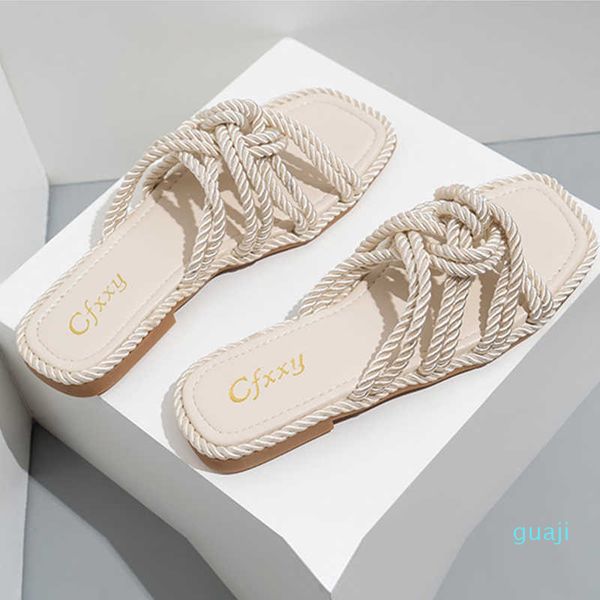 

women slippers personality hemp rope upper design flat sandals women casual solid color square toe hollow flat heel woman shoes, Black