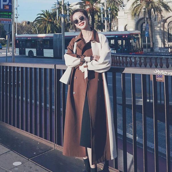 

women's trench coats autumn coat women long fashion spliced khaki brown contrast color patchwork spring windbreaker 2021 korean version, Tan;black