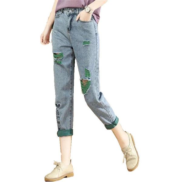 

women's jeans female korean tide attacking ripped women loose and thin all-match 2021 summer embroidery harlan nine-point pants a72, Blue