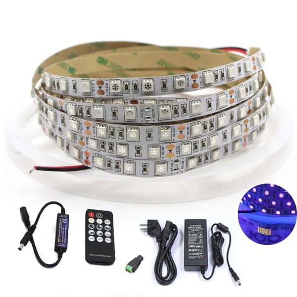 

strips 12v uv led strip light smd 60leds/m 395-405nm ultraviolet purple flexible tape lamp + power adapter+rf remote controller