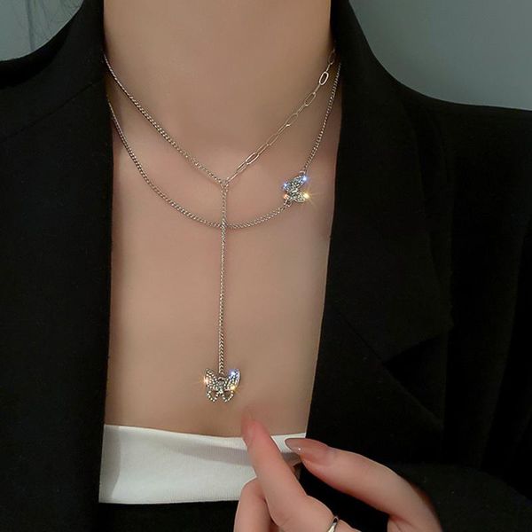 

chains fashion simplicity rhinestone butterfly double layer tassel necklace pendant designer for women luxury neck collar gift, Silver