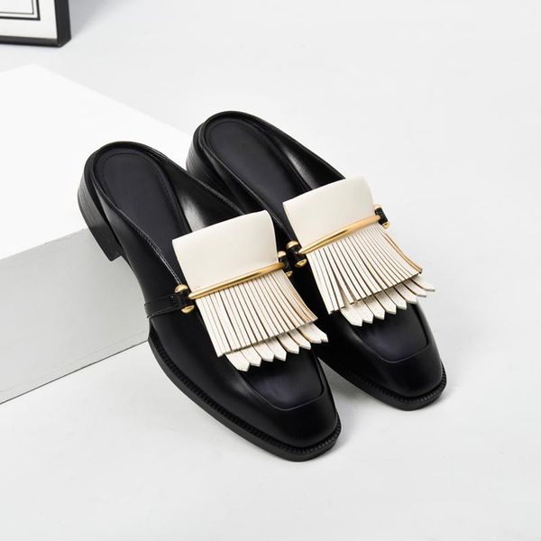 

slippers casual flat shoes female low cover toe mules for women 2021 slides fringe rivet loafers luxury pu rubber hoof heels bas, Black