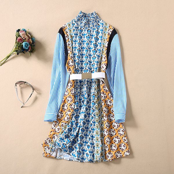 

casual dresses european and american women's dress summer styles with short sleeves stripe patchwork printed belt fashionable dm54, Black;gray