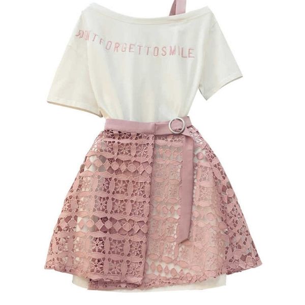 

elegant pink 2 piece set women sweet cross bowknot irregular crop t shirt + mesh floral tulle long skirts suits 210520, White