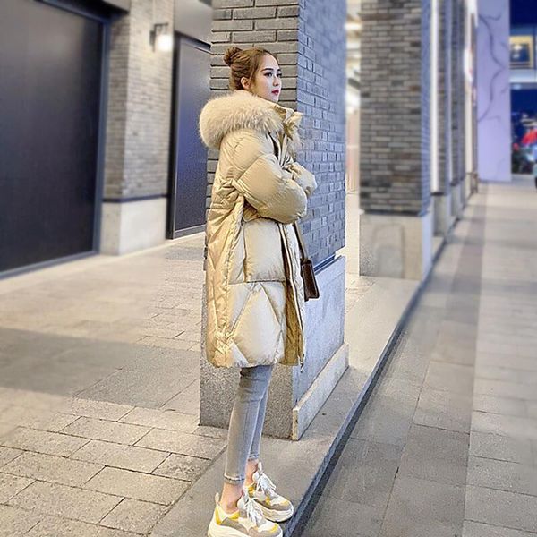 

women's fur & faux wholesale 2021 winter bright face wash down cotton padded clothes middle and long korean, Black