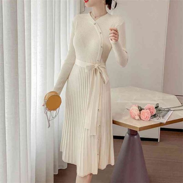 Hohe Qualität Herbst Winter Strickpullover Kleid Frauen Koreanische Langarm OL Robe Elegante A-Linie Solide Weihnachten mit Gürtel 210514