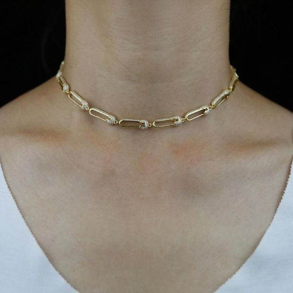 

chokers wholesale fashion chain choker micro pave clear cz paved safety pin charm unique design trendy gold color women necklace jewelry, Golden;silver