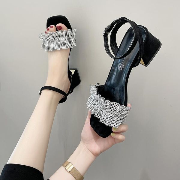 

sandals summer shoes women high heels square toe rhinestone 2021 fashion black stiletto elegant party dress bling pumps