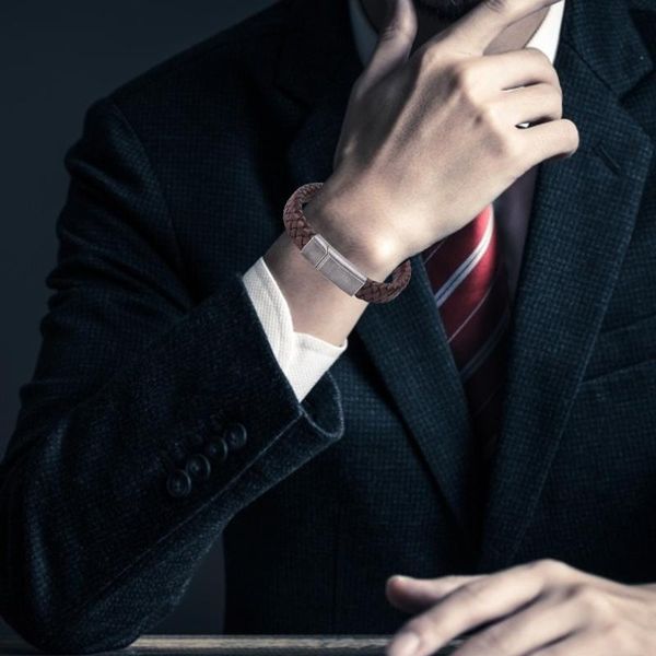 

charm bracelets 2021 classic woven leather rope wrapping men bracelet casual male titanium steel stones magnetic buckle hand chain gifts, Golden;silver