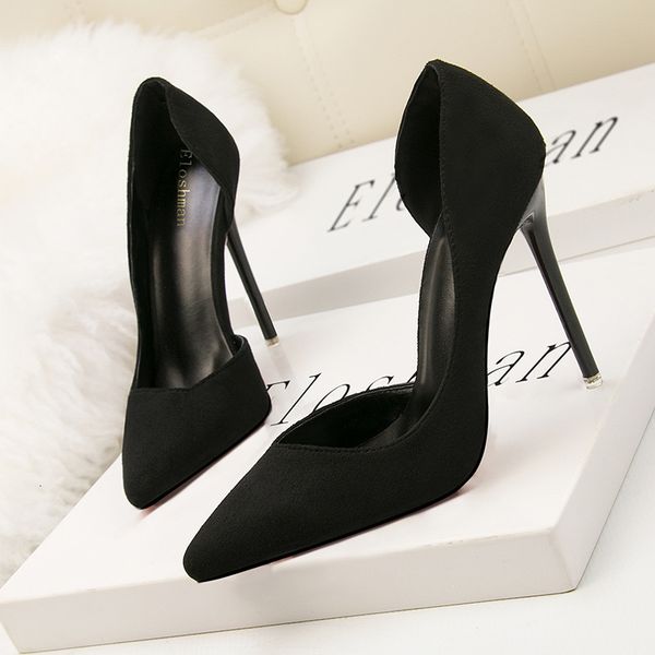 

sandals fall fashion simple stilettos suede slimming shallow pointed toe single shoes side hollow women 0nf2, Black