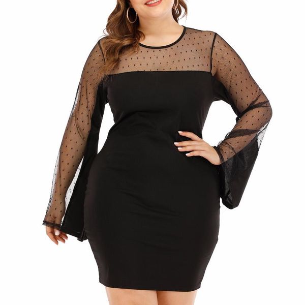 

casual dresses plus size dress women patchwork package hip long flare sleeve female black 3xl 4xl o-neck party vestidos #n, Black;gray