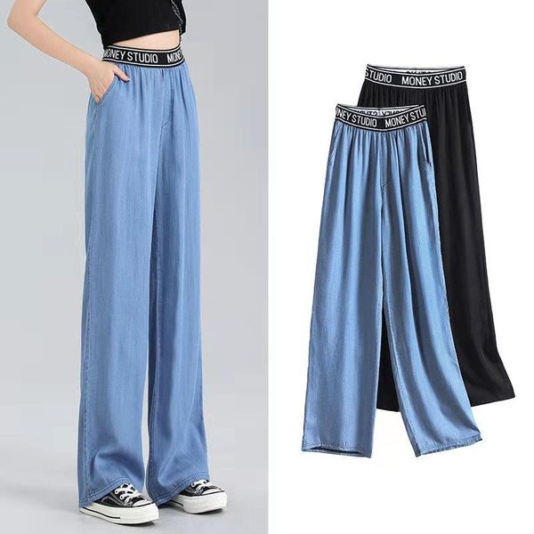 

women's pants & capris summer trousers for female 2021 tencel loose cool oversized s-4xl straight copy denim blue elastic waist, Black;white
