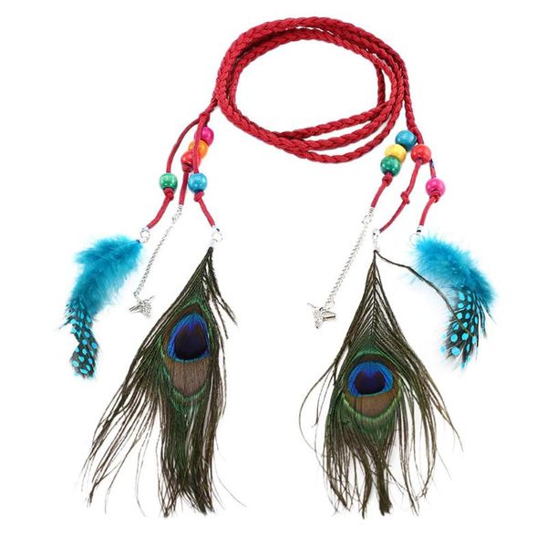 

belts womail 2021 fashion bohemian for women style feather belt braided rope peacock fringe, Black;brown