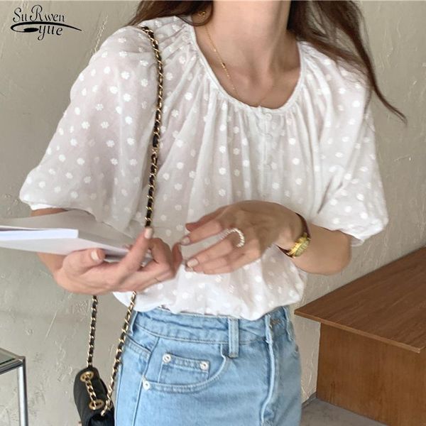 

women's blouses & shirts korean hollow hook flower blouse plus size white casual shirt polka dot stand collar short sleeve loose 15530