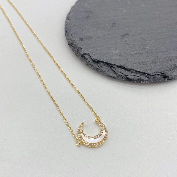

pendant necklaces allme dainty white natural shell shiny rhinestone moon necklace for women girls alloy thin chain accessories, Silver