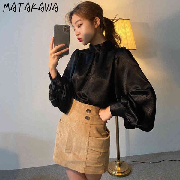 

matakawa glossy satin lantern sleeve woman blouses korea chic stand-up collar ladies shirt elegant for women fashion 210513, White